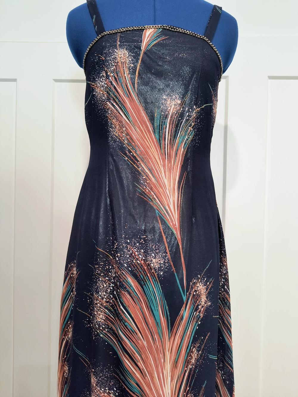 Navy Blue Maxi Dress with Coral & Teal Feather Print - Picture 2 of 7